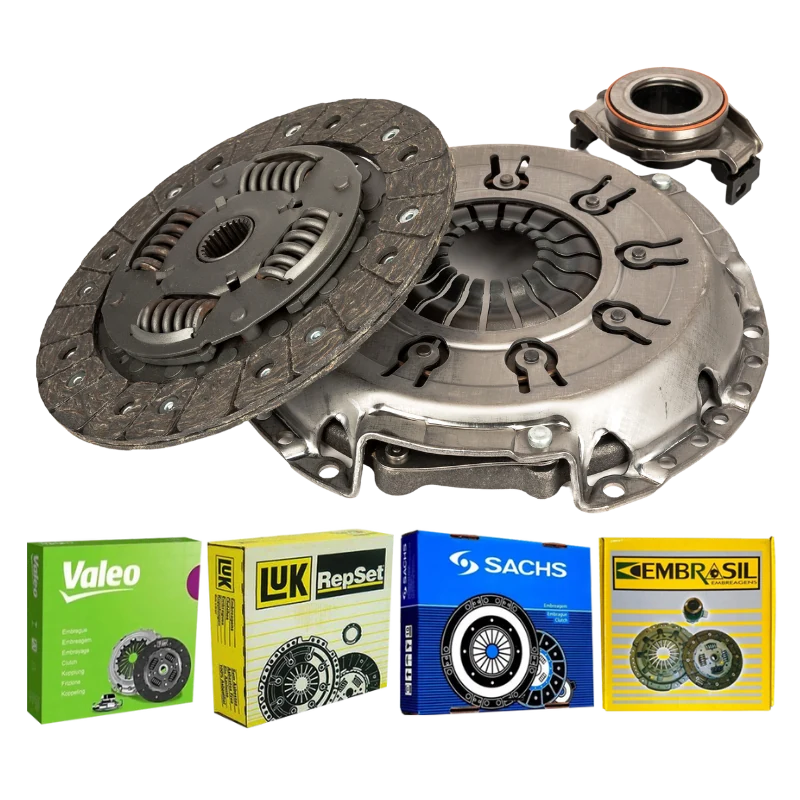 Kit de embreagem completo com disco, platô e atuador, ao lado das caixas Valeo, LuK, Sachs e Embrasil